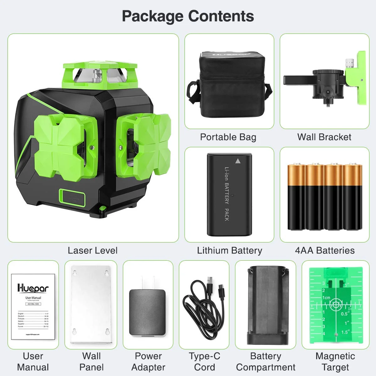 Huepar 3 x 360 Degree Cross Line Laser Level 3D Self-leveling Tiling Floor Green Beam Laser Leveler Tools with Li-ion Battery & Pivoting Base S03DG-L