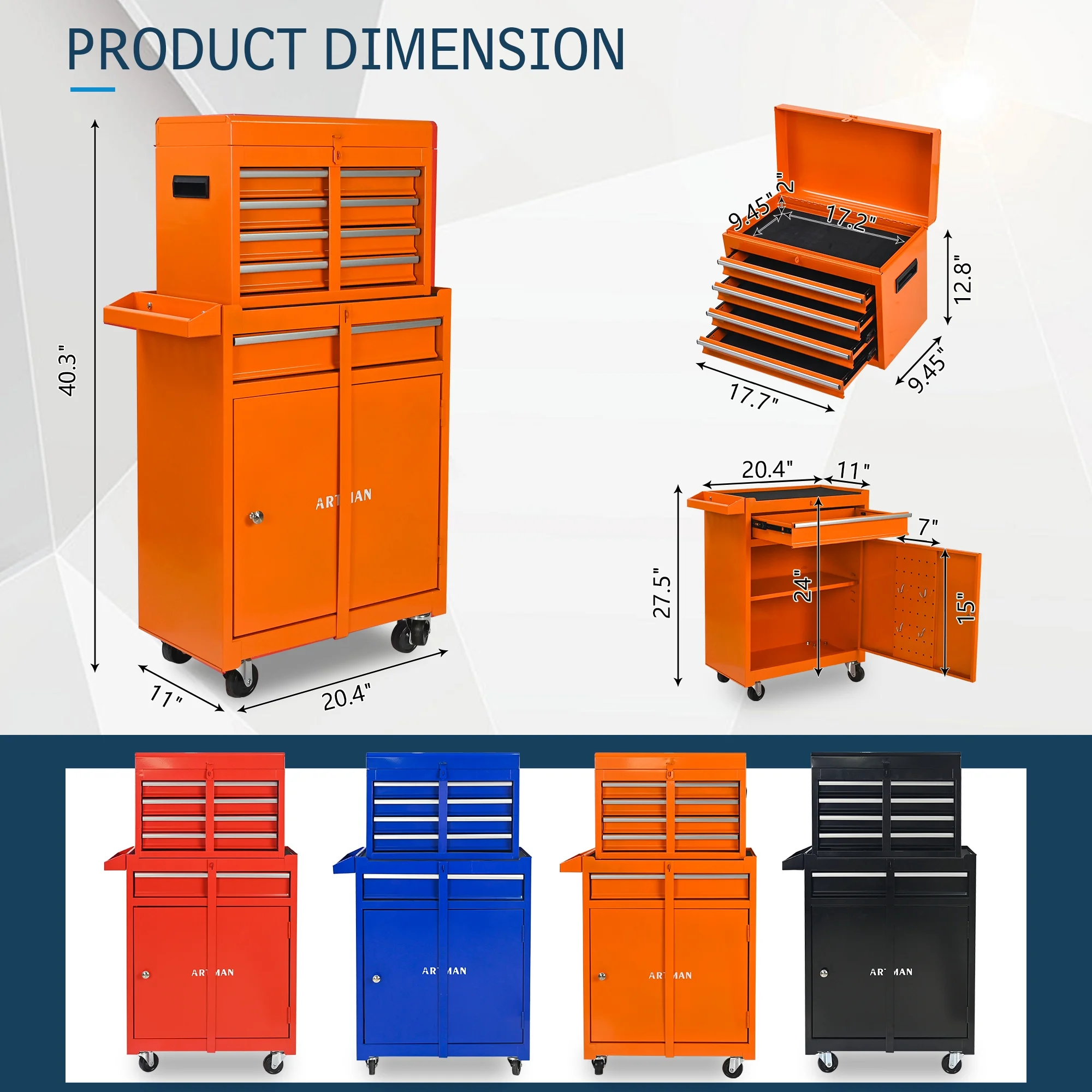 Tool Chest, 5-Drawer Rolling Tool Storage Cabinet with Detachable Top Tool Box, Universal Lockable Wheels