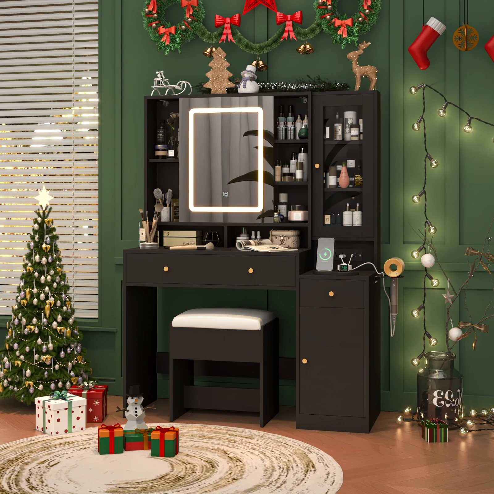 White Vanity Desk with Sliding Mirror & Lights, Vanity Table Makeup Desk with Charging Station 2 Drawers 2 Doors, Lots of Storage Shelves, Large Vanity Set with Cushioned Stool