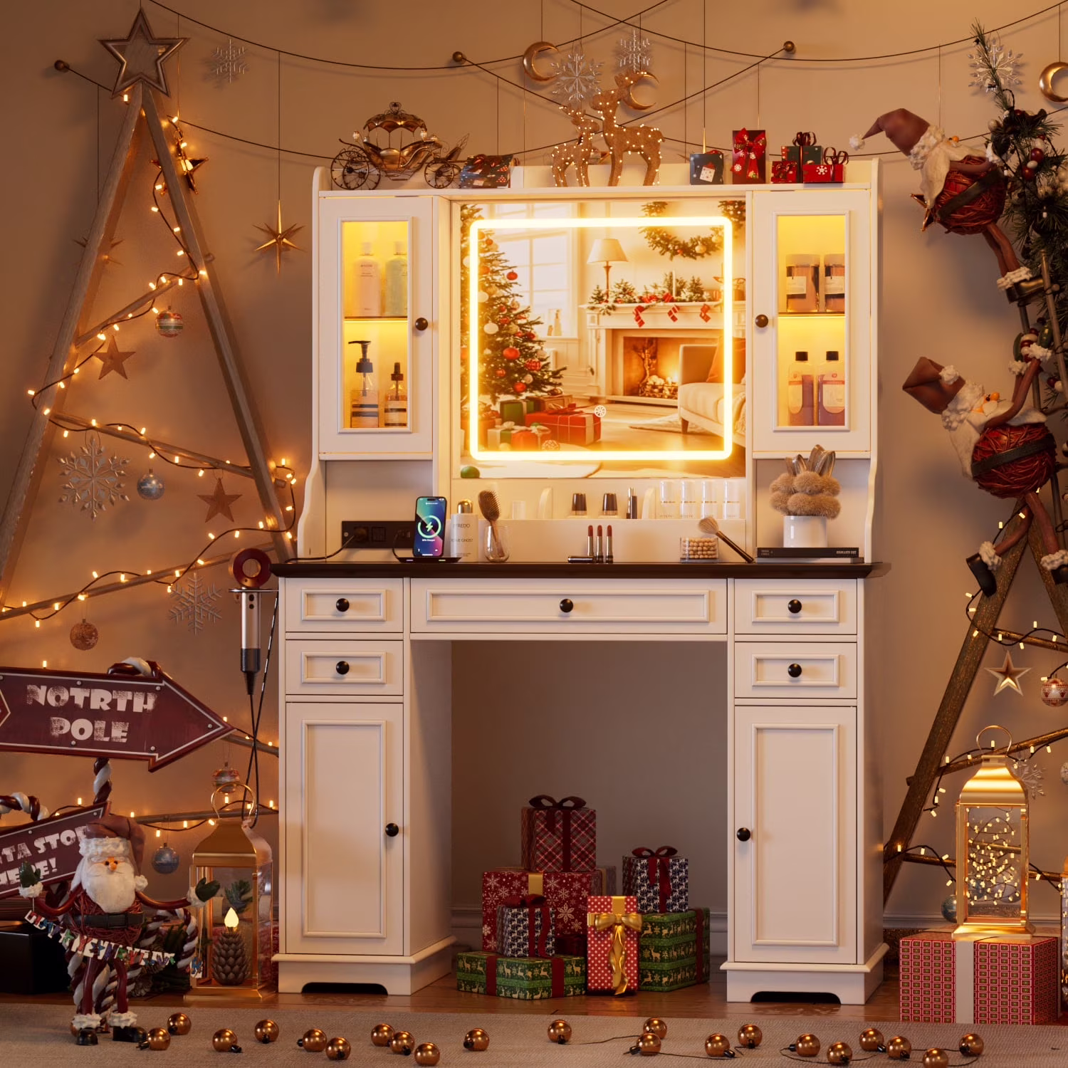 Farmhouse Makeup Vanity Desk with Mirror and Lights, Vanity Table with Glass Tabletop, Charging Station, 5 Drawers, Side Cabinet, Storage Shelves for Bedroom, White by TZUTOGETHER