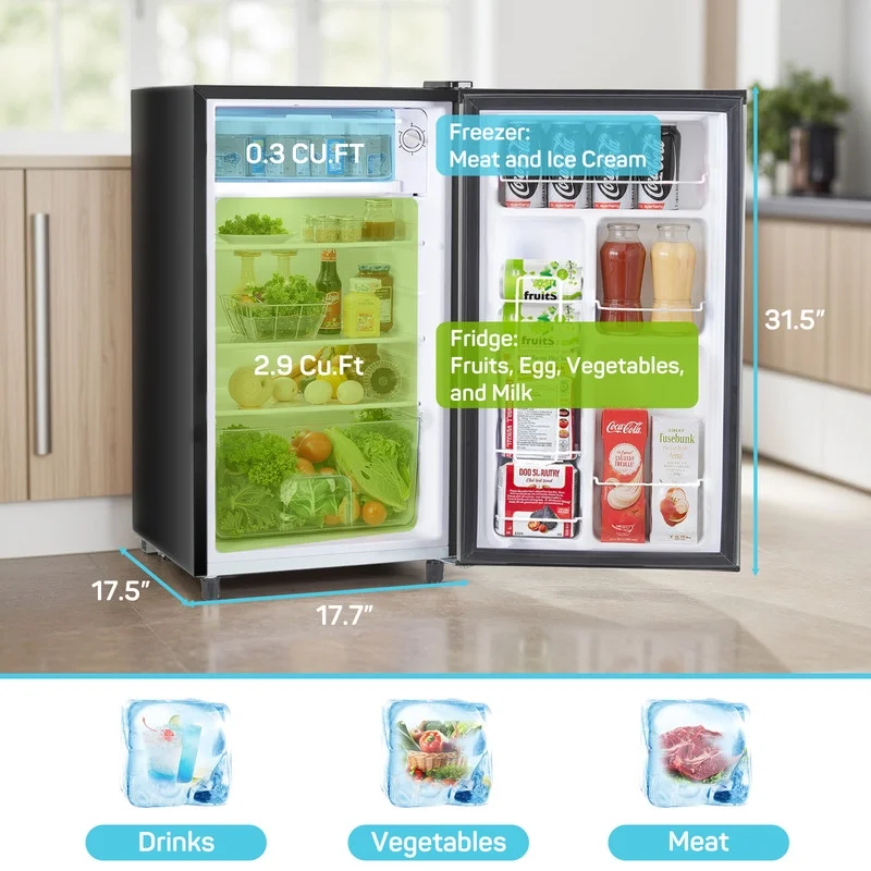 Sybels 3.2 Cu.Ft Mini Fridge with Freezer, Compact Single Door, Adjustable Thermostat & Low Noise, Perfect for Bedroom, Dorm, Office, Black