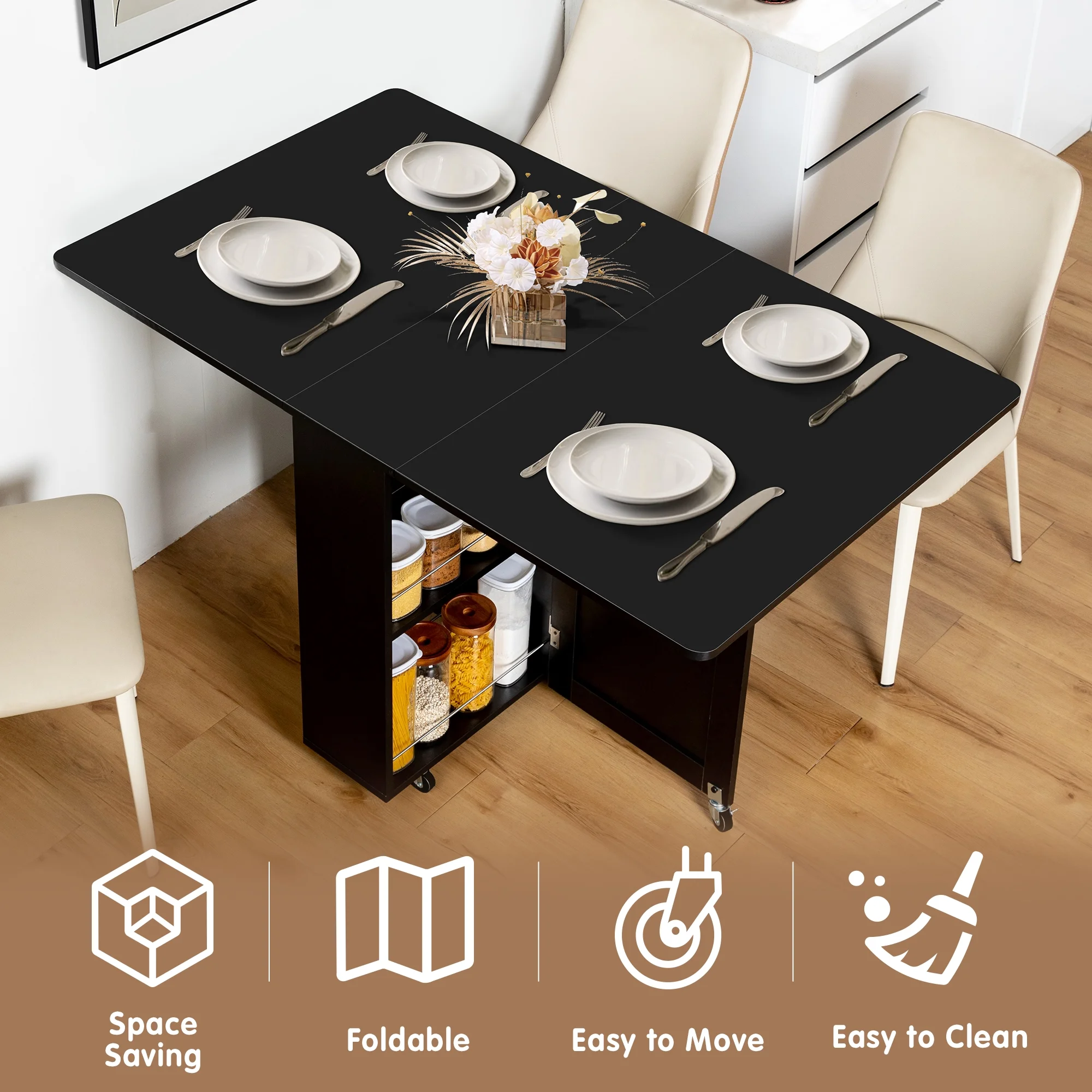 spanspace Folding Dining Table, Drop Leaf Dining Table with 6 Wheels and 2-Layer Storage Shelf, Space Saving Dining Table for Small Spaces,Folding Kitchen Table,White