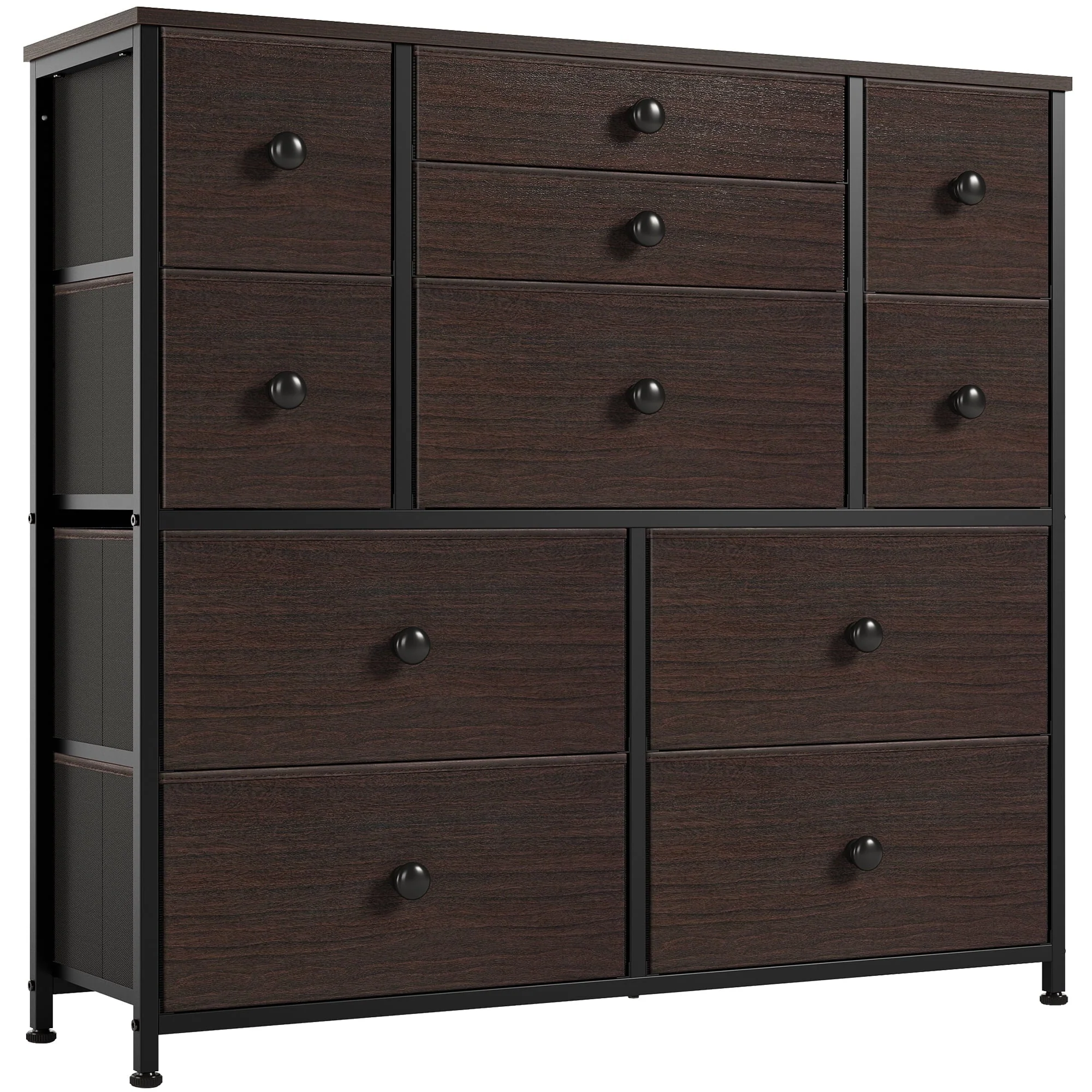 REAHOME 11 Fabric Drawers Dresser Chest of Drawers for Bedroom Faux Leather Rustic Brown Finish with Wood Top Sturdy Steel Frame