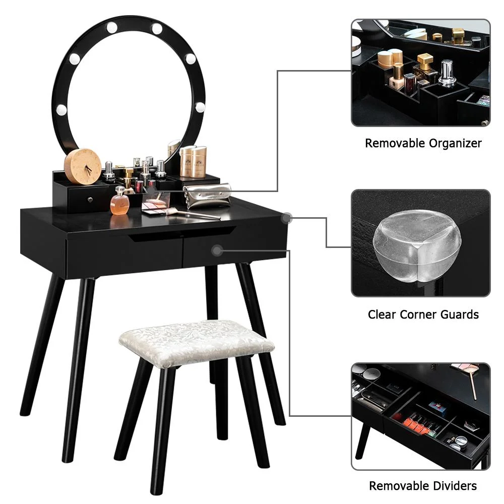 Ktaxon Vanity Set with Round Lighted Mirror, Makeup Dressing Table with 8 Light Bulbs & Cushioned Stool Set,Bedroom Vanities Set Black