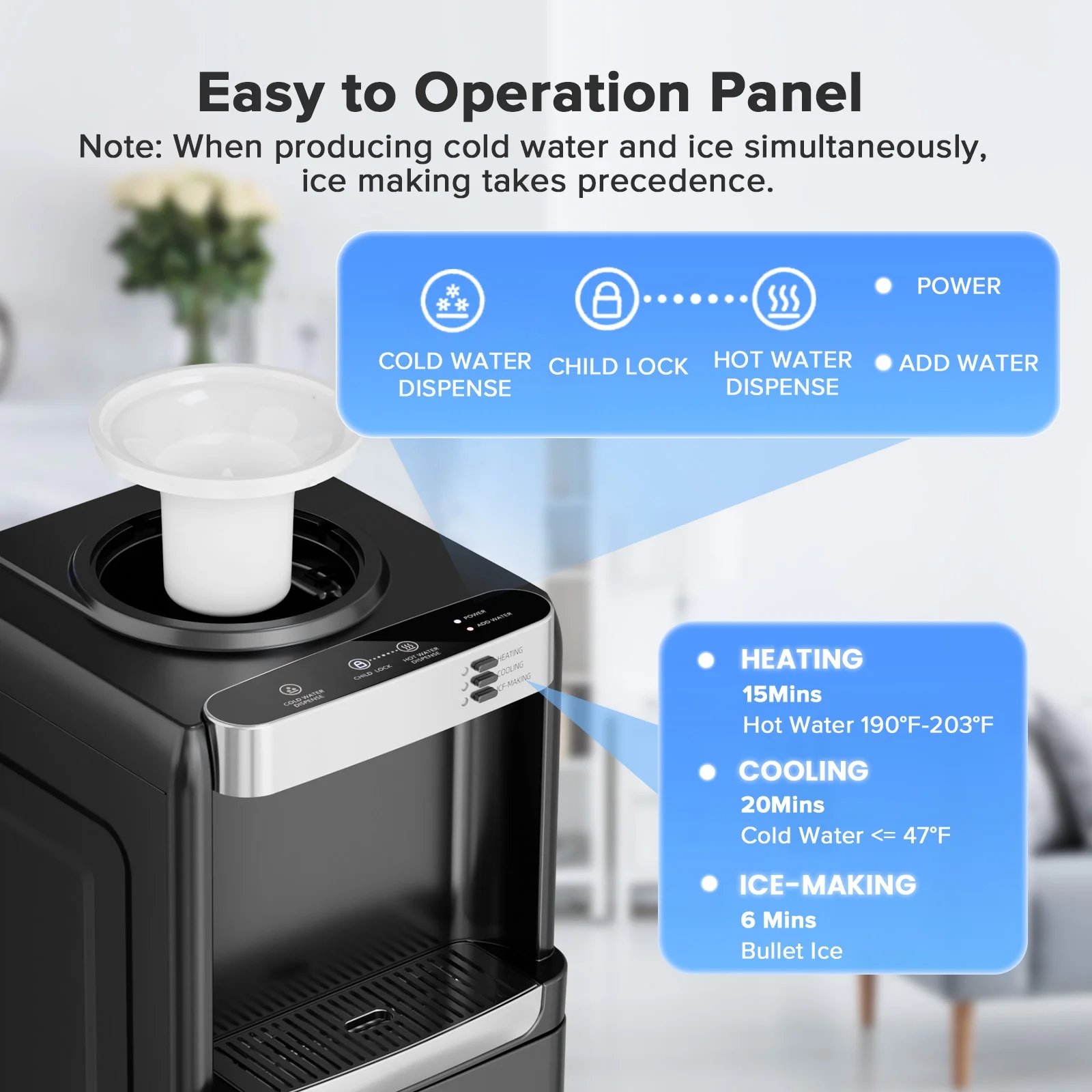 LHRIVER 2-5 Gallon Water Dispenser & 6-Min Ice Maker, 3-in-1 Hot/Cold/Ice, Child Lock & Energy-efficient, for Home/Office, Black