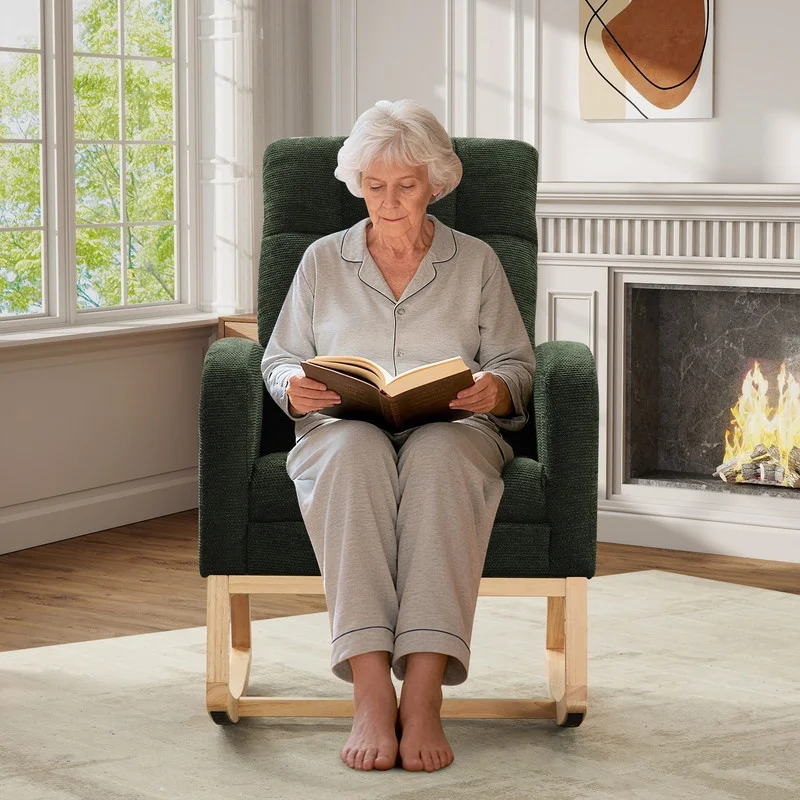 FFH Rocking Chair Nursery, Tufted Accent Rocker Chair, Upholstered Armchair with Adjustable Footrest, Side Pocket, High Backrest, Padded Seat, Polyester Blend (Retro, Dark Gray)